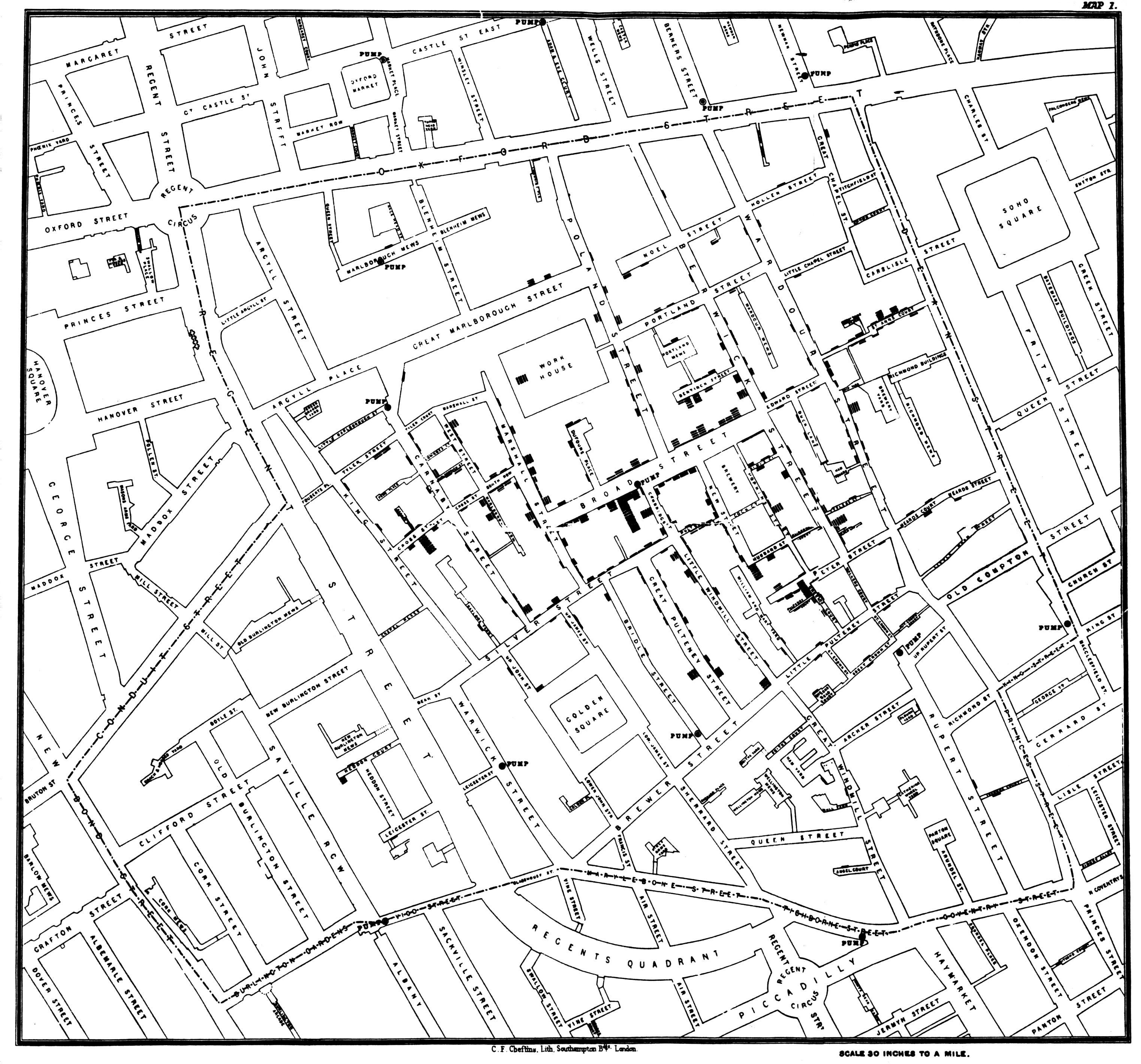 1854 年英国 Broad 大街大规模爆发霍乱，当时了解微生物理论的人很少，人们不清楚霍乱传播途径，而“瘴气传播理论”是当时的主导理论；John Snow 对这种理论表示了怀疑，于 1849 年发表了关于霍乱传播理论的论文，本图即其主要依据。图中心东西方向的街道即为 Broad 大街，黑点表示死亡的地点，黑点叠加的高度相应表示了该处死亡人数。这幅图形揭示了一个重要现象，就是死亡发生地都在街道中部一处水源（水井）周围，市内其它水源周围极少发现死者。进一步调查他发现这些死者都饮用过这里的井水